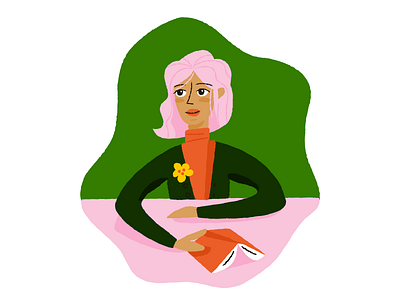 Reading illustration pink hair reading