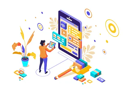 UI, UX design. Device content place infographic 3d seo application character code coding design development infographic interface isometric kit marketing media process programming screen smartphone testing ui ux