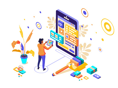 UI, UX design. Device content place infographic 3d seo application character code coding design development infographic interface isometric kit marketing media process programming screen smartphone testing ui ux