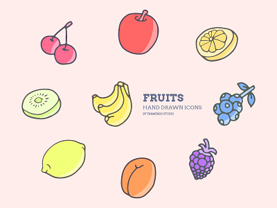 Fruits : Hand-drawn Icons apple apricot banana blackberry blueberry cherry colorful cute design fruits grapefruit hand drawn icons icons set illustration kiwifruit lemon vector