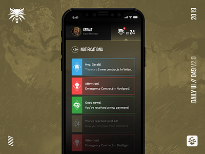 Witcher Notifications | #dailyui 049 app branding dailyui design game geralt illustrator interface mobile notifications page the witcher ui vector
