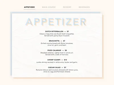 Daily UI - 043 Food/Drink Menu 43 appetizer dailyui dailyui 043 design drink food food and drink graphic menu ui