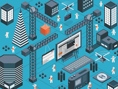 WIP Isometric illustration astronaut build buildings city computer cranes desktop helicopter isometric isometric design people postman team transamerica