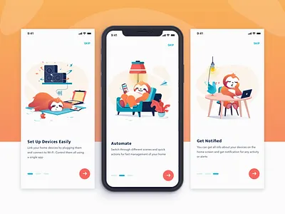 Onboarding app control cute design flow illustration illustrations onboarding relax sloth smart smart app ui vector walkthrough