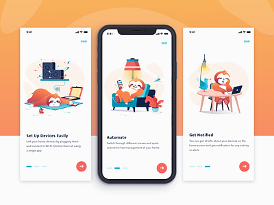 Onboarding app control cute design flow illustration illustrations onboarding relax sloth smart smart app ui vector walkthrough