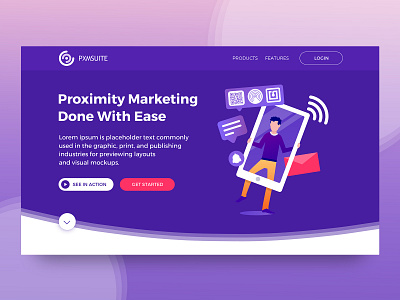 Proximity Marketing Products | Landing Screen branding design flat gradient illustration interaction landing page logo marketing product purple theme screen ui uiux user interface ux vector visual design web website