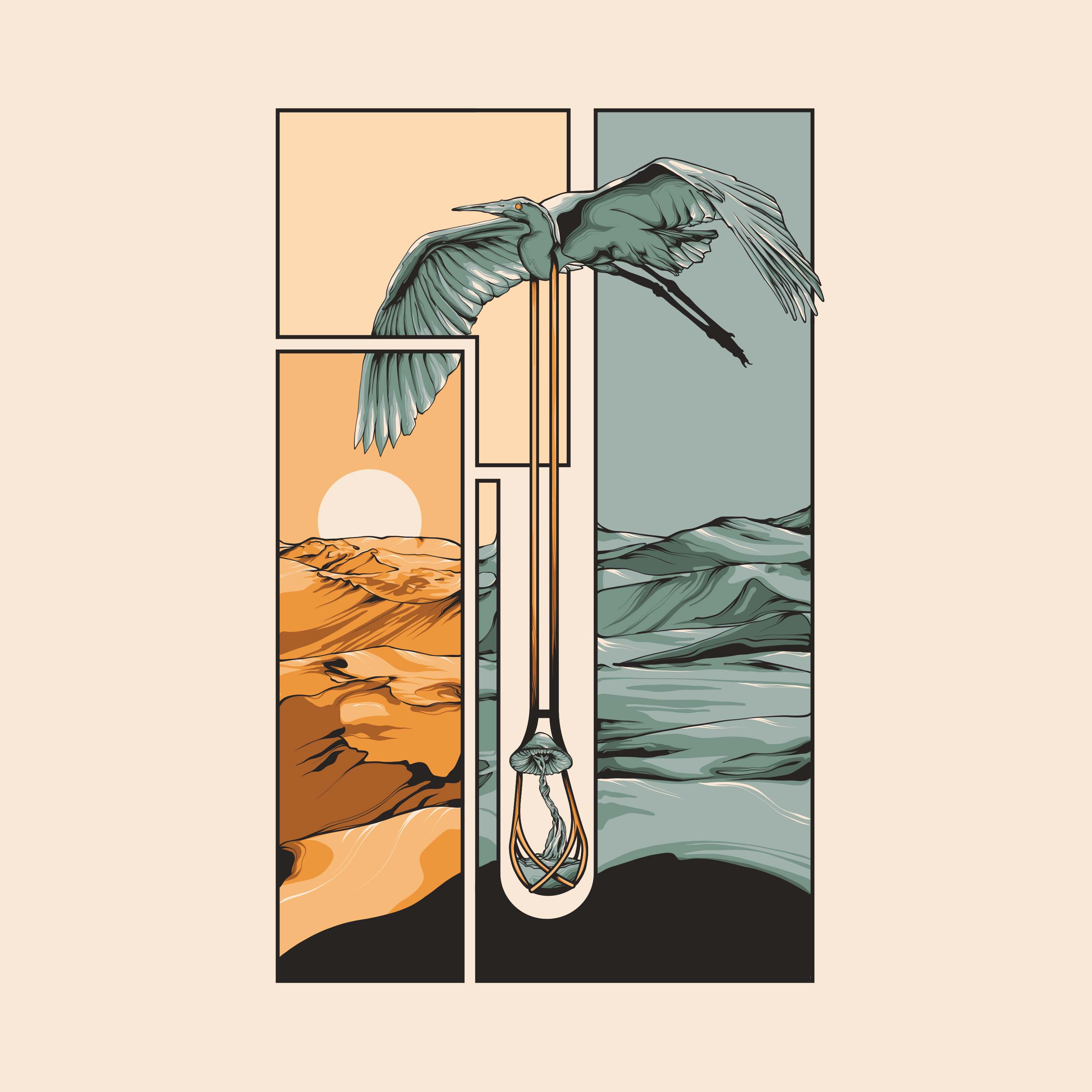 The Land God Made in Anger bird blue crane desert dribbble heron illustration mushroom mushrooms mycology ocean poster psychedelic shaman shroom surreal surrealism trippy vector yellow