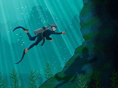 Deep-Sea Diver adventure blue bubbles cartoon character deep sea digital grit illustration imagination light mystery ocean procreate scuba sketch snorkel texture turquoise underwater