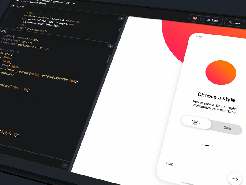 Coded Light / dark toggle switch animation app button code dark mode ios minimal mobile motion night onboarding switch toggle ui web