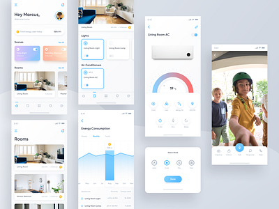 Smart Home App ac air conditioner app automate automation camera card clean doorbell energy flat gradient graph home minimal power schedule smart