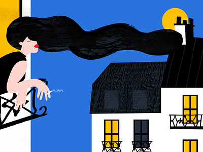 Soiree Parisian beephonkgo black blue flat france french graphic hair haussmanian illustration illustration art director design minimal painting paris parisian smoking woman yellow