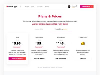 Pricing page design analitycs bitcoin choose plan cryptocurrency data datalight design kosov minimal plans platform price pricing pricing page product trial ui upgrade ux website