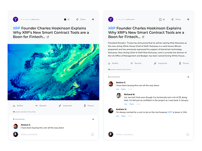 Newsfeed page bitcoin comments cryptocurrency design kosov minimal network news newsfeed people post product reaction social ui users ux website xrp yahoo
