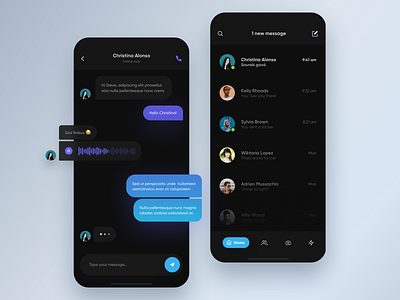 Dark UI Chat app application blue blur chat clean colors design digital gradient illustration message minimal mobile round shadow typography ui ux white