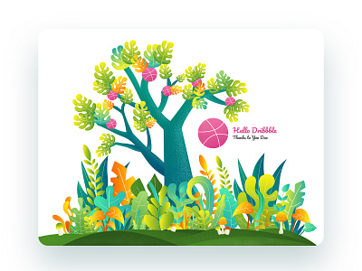 Hello Dribbble ! ball debut dribbble grain green hello illustraion leaf tree yellow