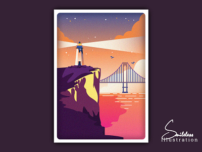 Retro Style - Lighthouse On Cliff bridge clean cliff design hillside illusion landscape landscape illustration light house minimal rebound retro