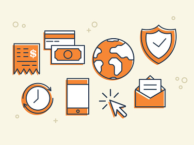 Giving icons click clock credit card editorial envelope giving globe illustration money online orange overlay overprint phone receipt shield world