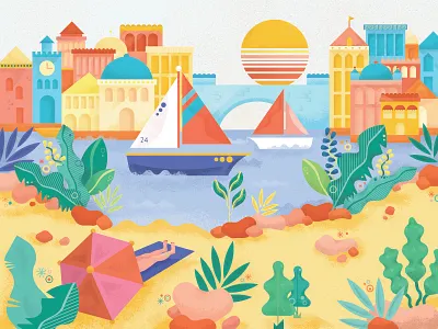 Croatia beach colorful croatia design europe flat design illustration landscape ocean pastel plants relax sailboat sunset travel vector