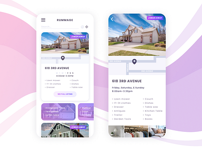 Rummage App address android app card design garage sale house housing interface ios list listing location map mobile ui ui design ux ux designer