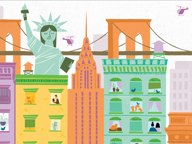 NYC Skyline animatedgif animation brooklyn bridge chrysler building gif helicopters illustration landmarks new york city nyc skyline statue of liberty