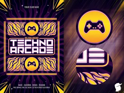 Techno Arcade New 3 Flyer Template 90s arcade bit button club computer console daminda design dj game joystick machine pixel play poster retro template video vintage