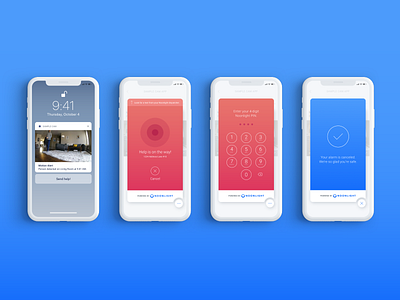 Silent Home Alarm - iOS Widget alarm blue button calm cancel color blocking confirmation gradient ios keypad lockscreen minimize modal monitoring notification pin red ui ux widget