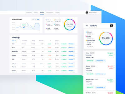 Crypto Trading Terminal — Portfolio Management admin app bitcoin blockchain chart crypto crypto trading dasboard list view pie chart product design ui user