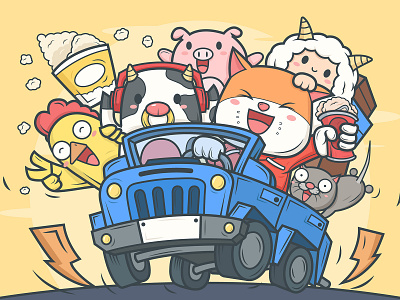 Travel Illustration card art cat chicken cute design illustration pig play
