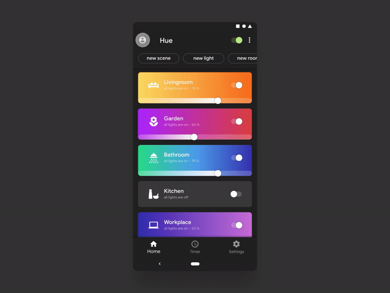 Philips Hue Remake For Android - Animation aniamtion app design flinto gradient hue simple design ui