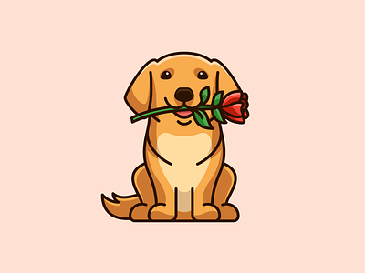 Golden Retriever & Rose brand branding cartoon comic character mascot cute fun funny dog breed draw drawing friendly expression golden retriever grace admiration illustrative illustration logo identity love joy lovely adorable pet animal pink red romance wedding rose flower smile smiling sticker design t shirt apparel