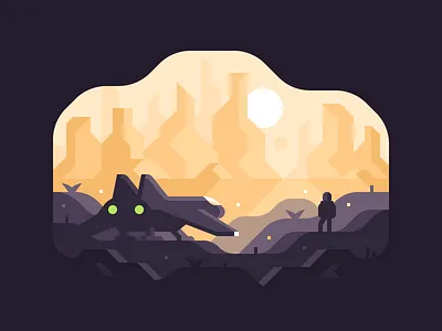 Wanderer alien astronaut canyon landscape mountains planet space spaceship sunset