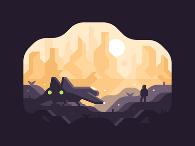 Wanderer alien astronaut canyon landscape mountains planet space spaceship sunset