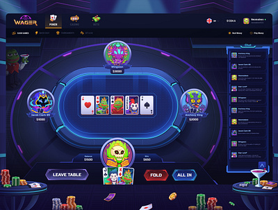 Wager: Poker game (PEPE Event) bet card game casino crypto crypto game dark interface gambling game game interface nft pepe player table playing cards poker product design ui uiux