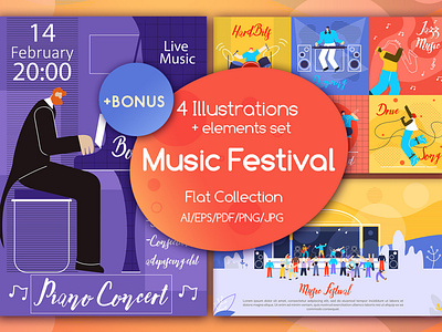 Music Festival Flat Collection acoustic advertising art audience band concert crowd dance entertainment festival live music party people poster rock show stage template vector