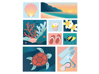 The Garden Isle coast coral fish flip flop flippers hawaii illustration kauai napali coast ocean plumeria reef scuba sea sea star shave ice shell snorkel sunrise turtle