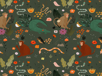 Welcome to the jungle 🌴 animal illustration illustration art illustrator illustratrice jungle kids illustration motif motifs pattern pattern design plant illustration