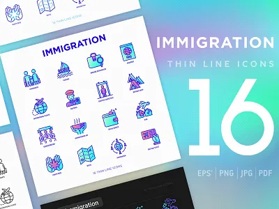 Immigration | 16 Thin Line Icons Set army camp citizenship collection country family flat icon illustration immigrant immigration line people person political refugee set symbol travel vector