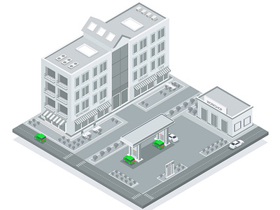 Price plan business isometric illustration branding building isometric cafe car filling station gas station graphic design gray grocery illustration isometric isometric building shop vector workshop