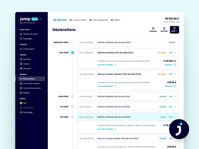 Jump — Declarations branding date declaration finance freelance jump ledger product design table taxes timeline ui