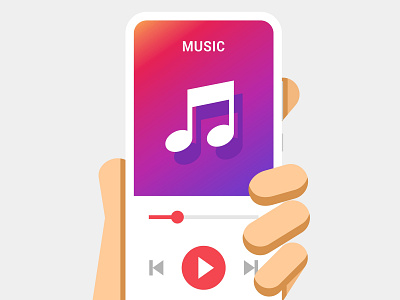 Hand holds the smartphone with music player application android buttons design flat hand illustration interface ios iphone mobile mockup music play player slider smartphone sound