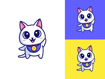 Maneki Neko adorable lovely anime style brand branding cartoon comic cat kitten character mascot child children coin penny cute fun funny figurine toy illustrative illustration japan japanese logo identity luck fortune maneki neko mobile apps purple yellow social media symbol icon waving welcoming