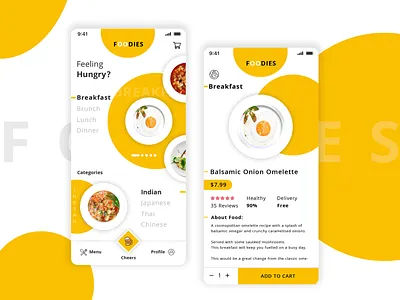 Food App UI | Foodies app app branding app concept app design app designers app development breakfast design food app food app ui hungry omelette ui ui deisgn ui designers ui pack ux white background yellow