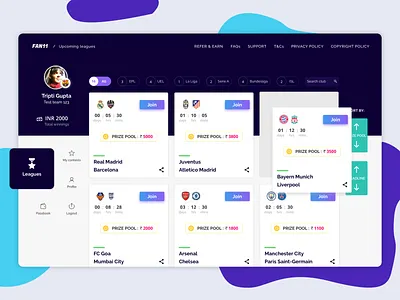 Fantasy football upcoming leagues cards cards ui cash contests fantasy fantasy sports football game gaming leagues soccer sports sports game ui ux design upcoming leagues ux winnings world cup