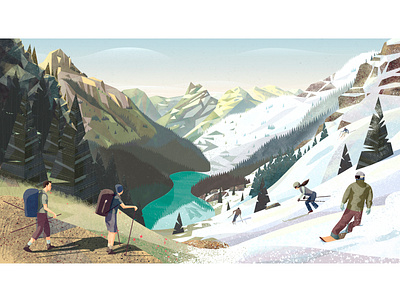 PeakVisor seasonal illustration. From summer to winter. branding design hike hiking illustration lake mountains seasonal ski ski graphics ski resort snow snowboard snowboarder snowboarding snowboards tree vector