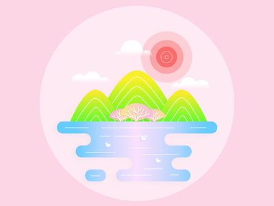 Spring cloud duck flat design hill season spring sun tree water