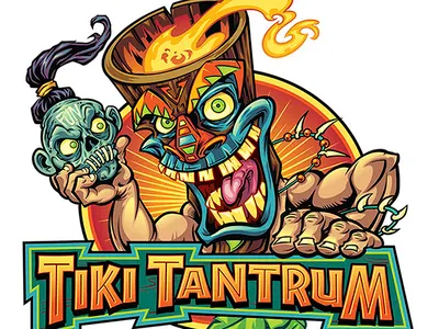 Tiki Character Holding Shrunken Head Logo beach branding brian allen cartoon character character design colorful design flyland designs flylanddesigns freelance illustration logo mascot t shirt tiki tropical witch doctor