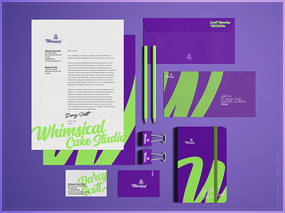 Whimsical Cake Studio | Stationary bold brand cards design envelope green letterhead logo notebook purple stationary stationary design type typogaphy