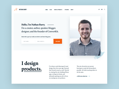 NathanBarry.com home landing page light blue orange personal personal blog personal brand website