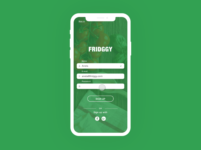 Sign up Food App Fridggy (Daily UI 001) animation app design daily 100 daily 100 challenge dailyui 001 flinto food foodapp fridge recipe app signin ui animation