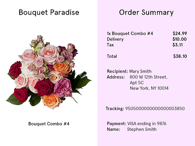 Daily UI #017 Receipt - Bouquet of Flowers Delivery 017 bouquet dailyui dailyui 017 delivery flowers order order summary receipt summary